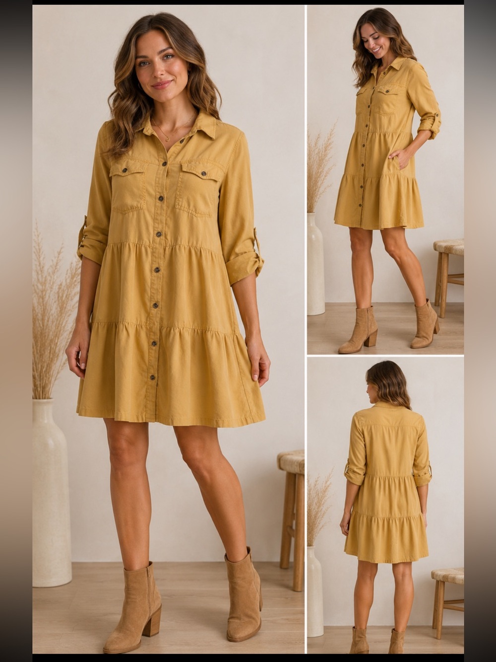 Velvet Heart Mustard 100% TENCEL  Button-Front Shirt Dress. XS